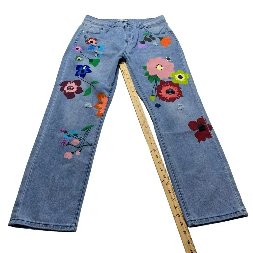 MISSLOOK Flower Power Bohemian Painted Jeans Floral Hippie Blue Sz XL - Picture 6 of 10